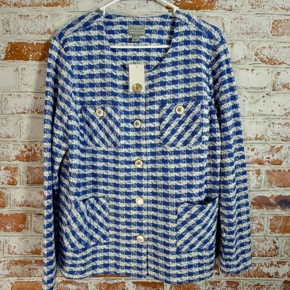 NWT Susan‎ Graver Knit Jacket Womens M Blue White Check Metallic Tweed Cardigan